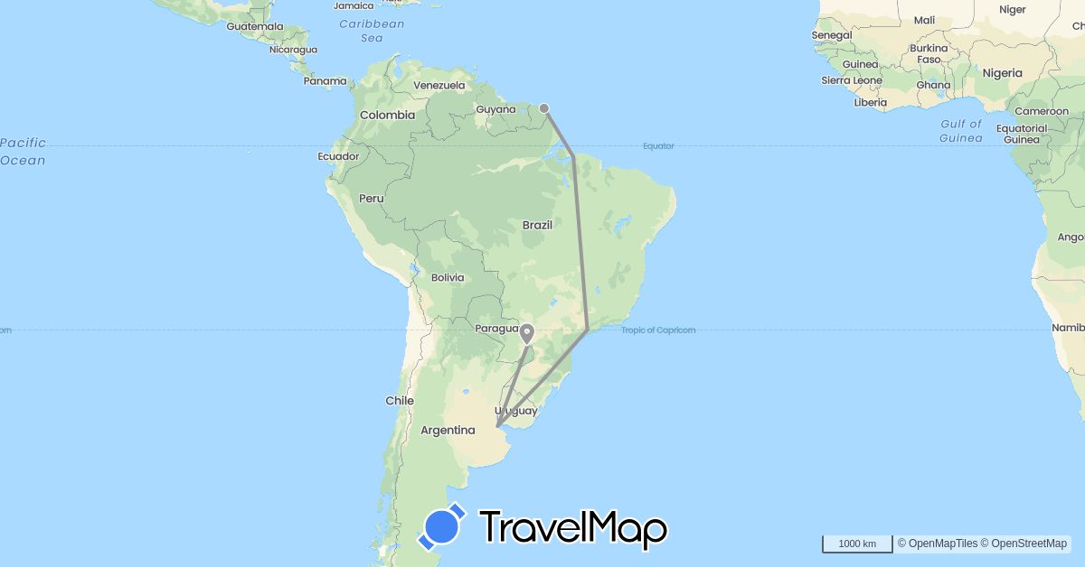 TravelMap itinerary: driving, plane in Argentina, Brazil, France (Europe, South America)