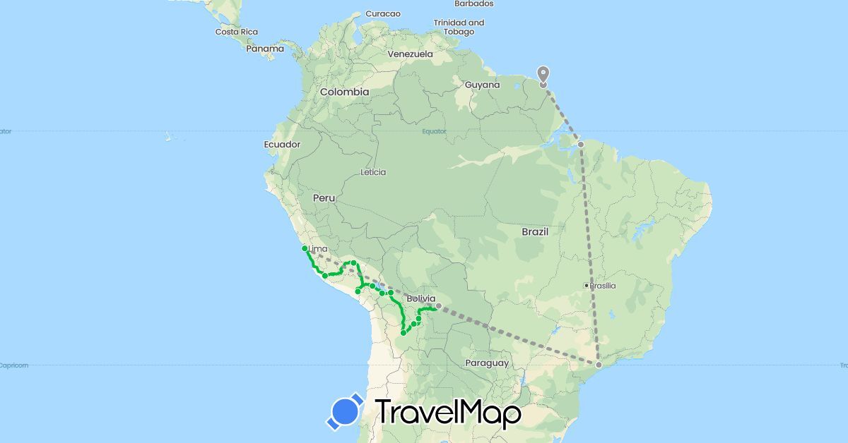 TravelMap itinerary: driving, bus, plane in Bolivia, Brazil, France, Peru (Europe, South America)